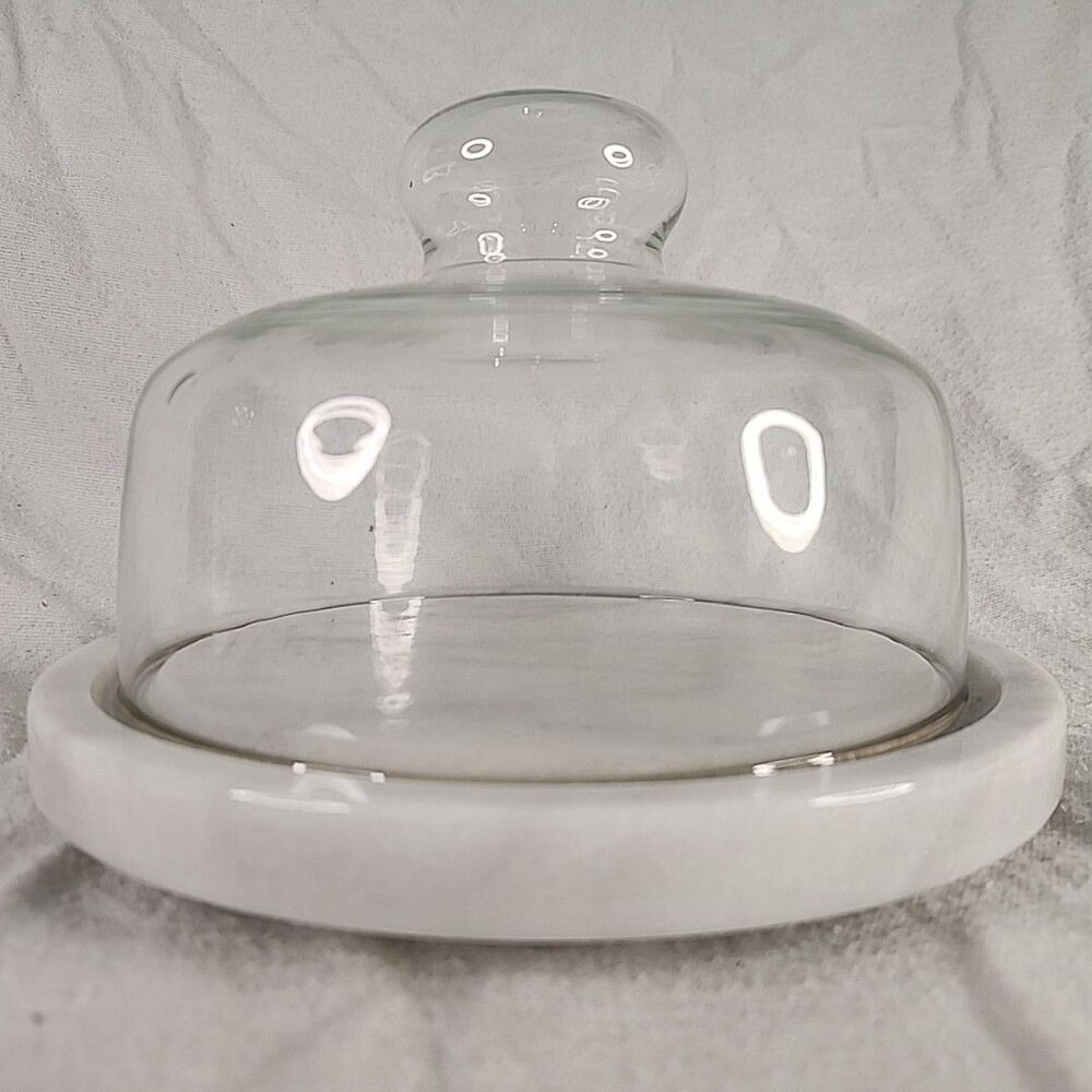 Cheese Board With Glass Dome Marble 7.5 Inch 4.5 Tall Vintage New Open Box